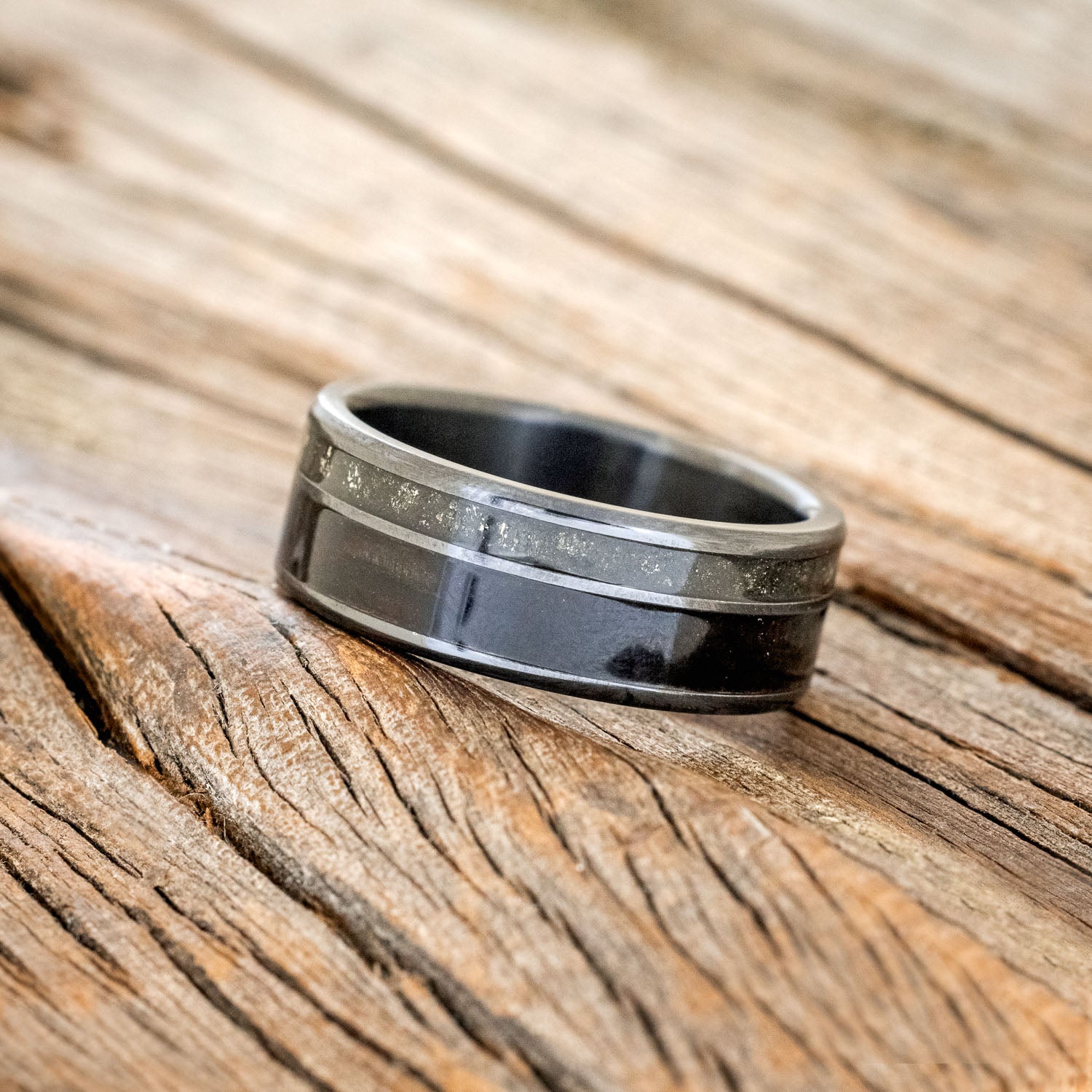 "RAPTOR" - PYRITE & WENGE WOOD INLAYS WEDDING BAND-2