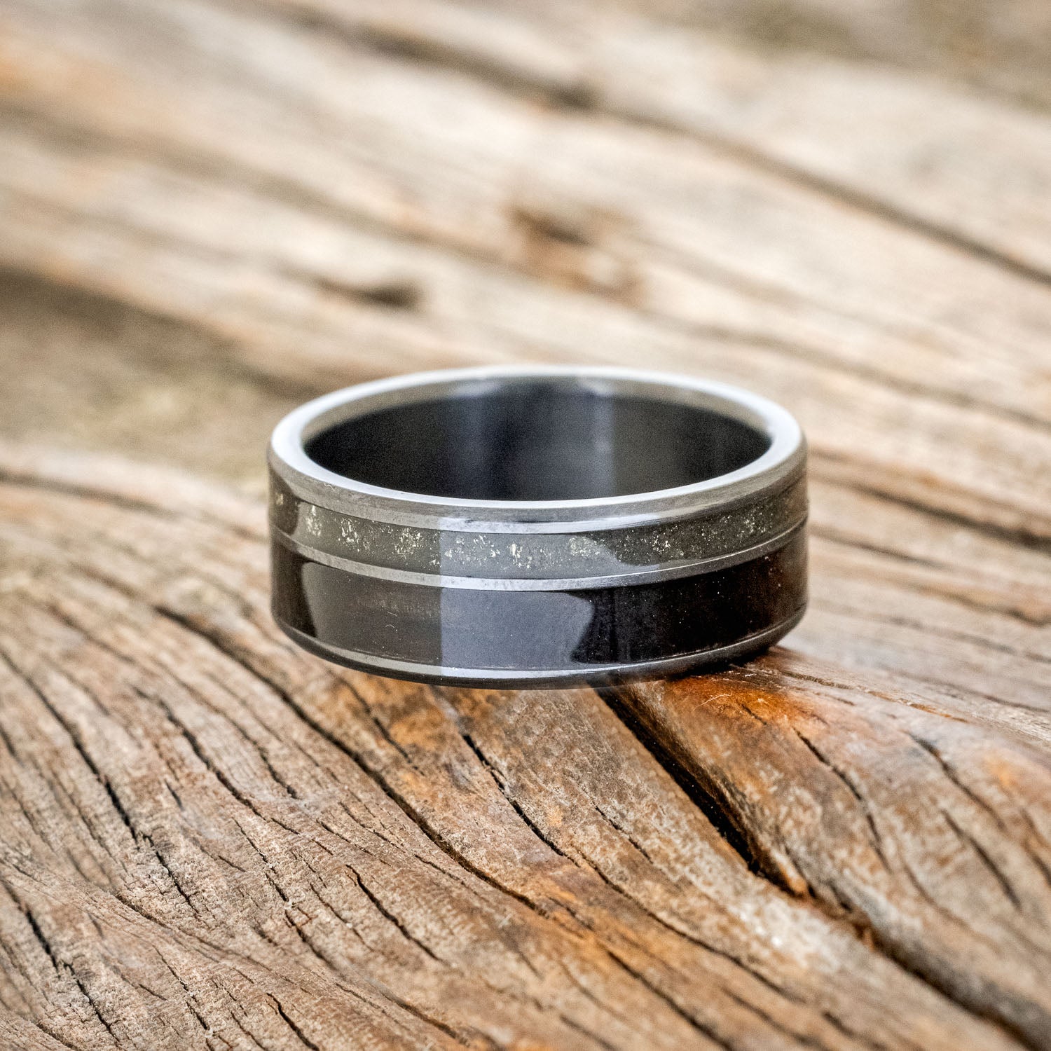 "RAPTOR" - PYRITE & WENGE WOOD INLAYS WEDDING BAND-3