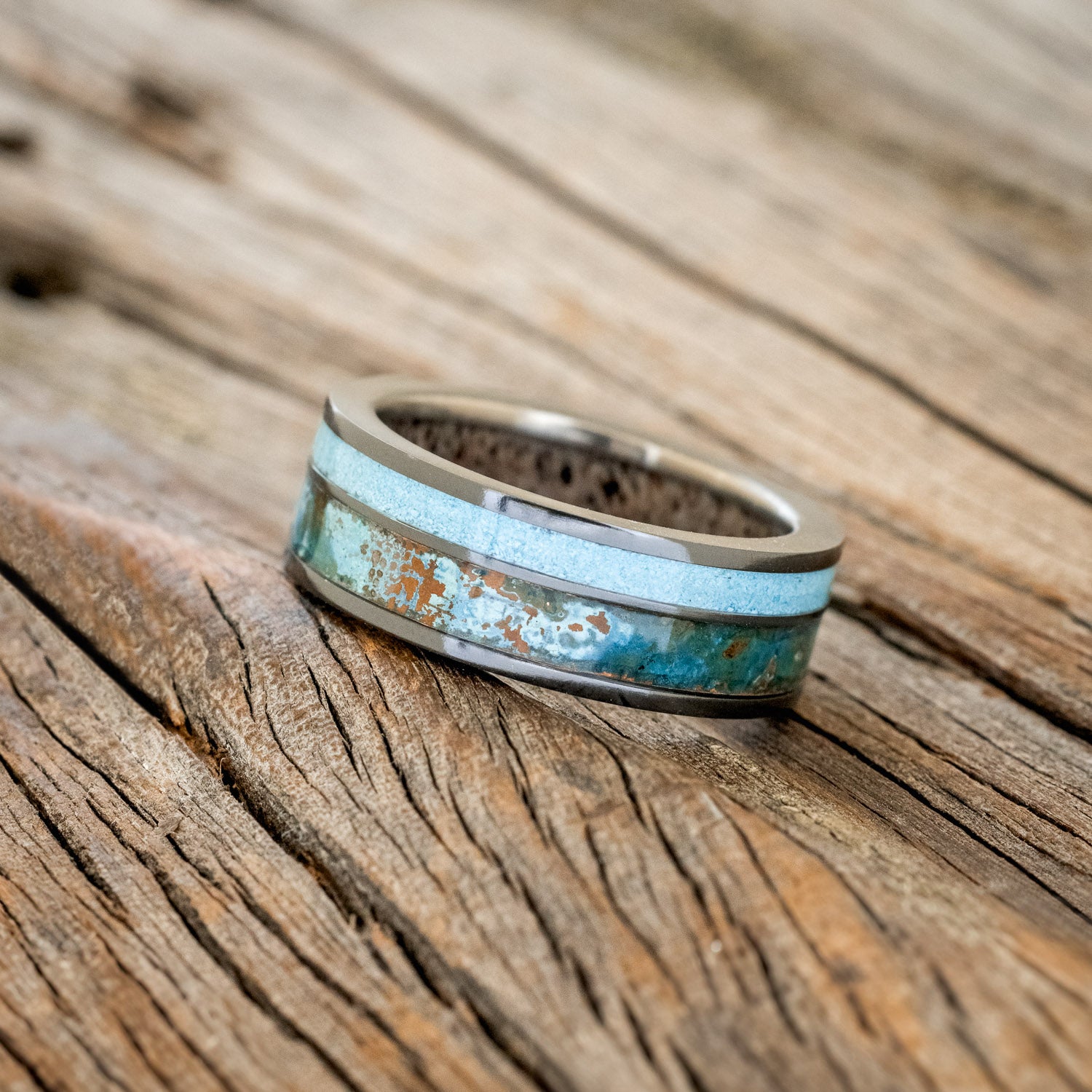 "RAPTOR" - PATINA COPPER & TURQUOISE WEDDING RING FEATURING AN ANTLER LINED BAND-7