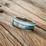 "RAPTOR" - PATINA COPPER & TURQUOISE WEDDING RING FEATURING AN ANTLER LINED BAND - READY TO SHIP-7