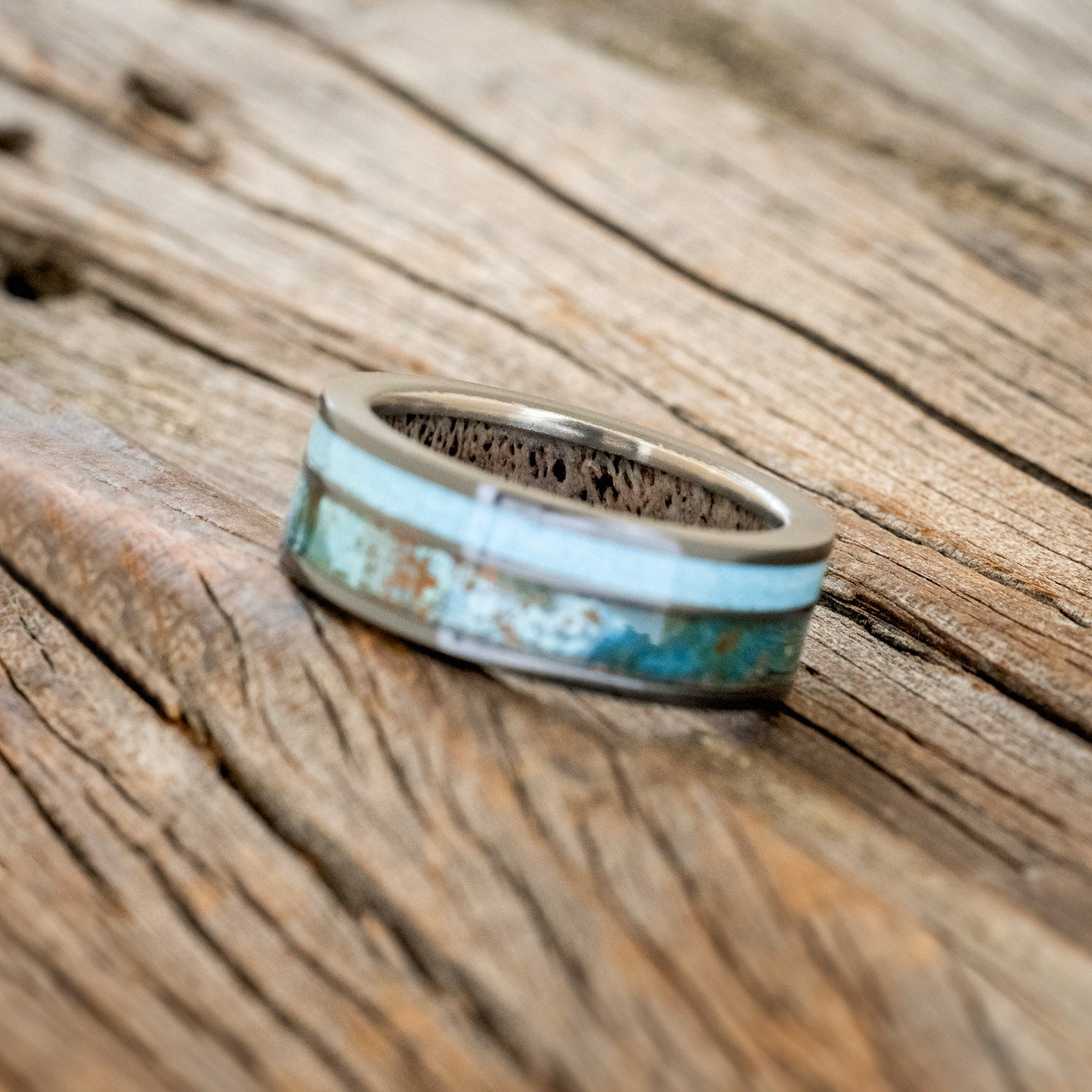 "RAPTOR" - PATINA COPPER & TURQUOISE WEDDING RING FEATURING AN ANTLER LINED BAND-10
