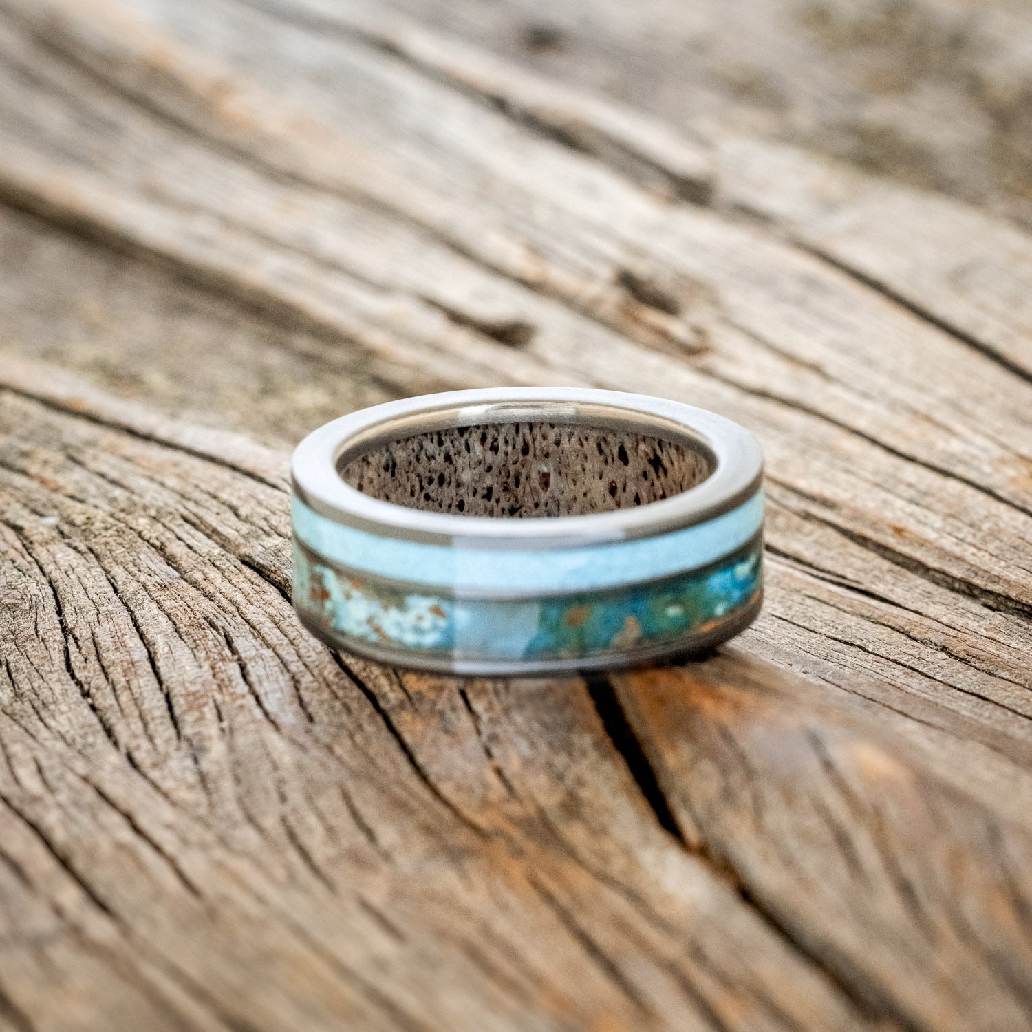 "RAPTOR" - PATINA COPPER & TURQUOISE WEDDING RING FEATURING AN ANTLER LINED BAND-11