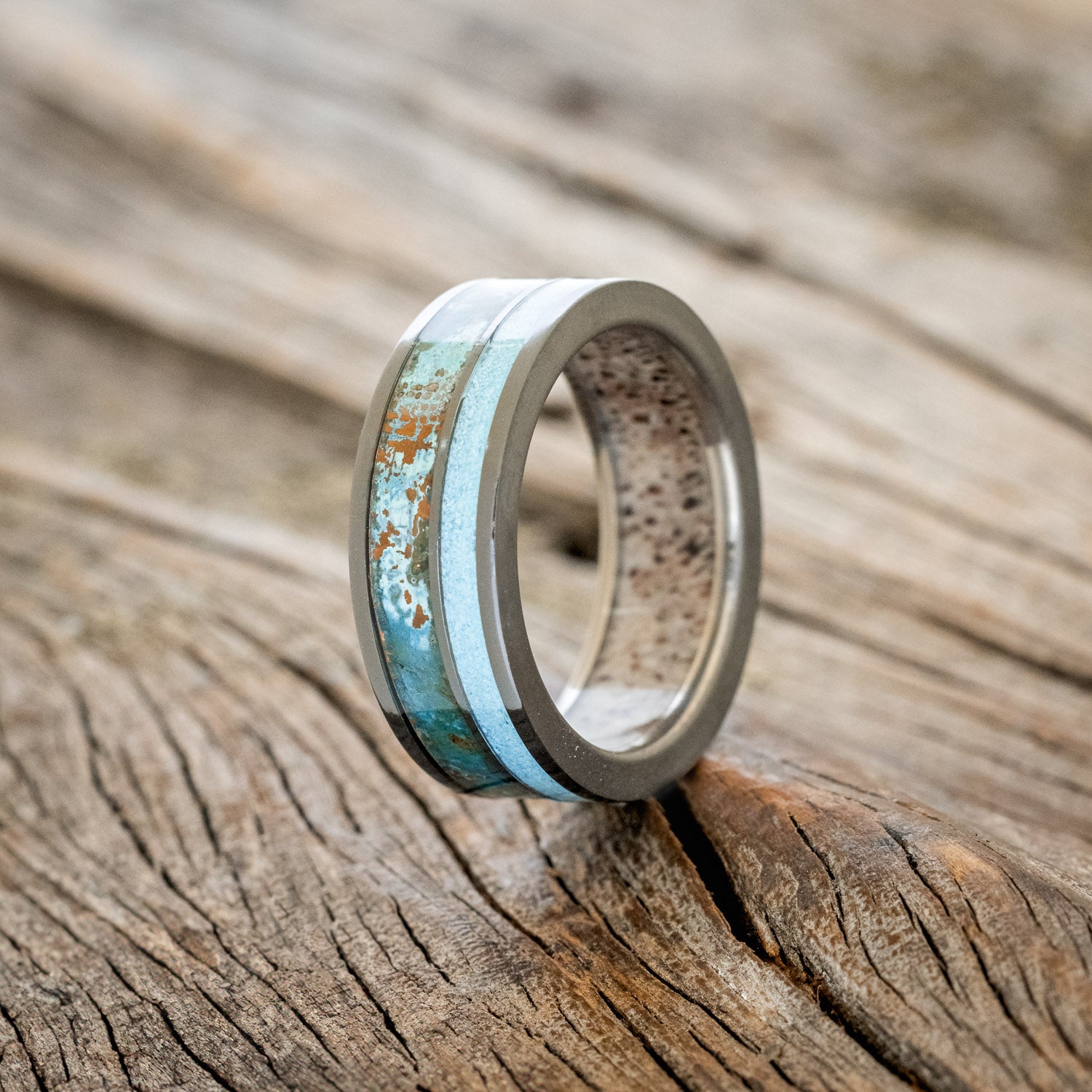 "RAPTOR" - PATINA COPPER & TURQUOISE WEDDING RING FEATURING AN ANTLER LINED BAND-6