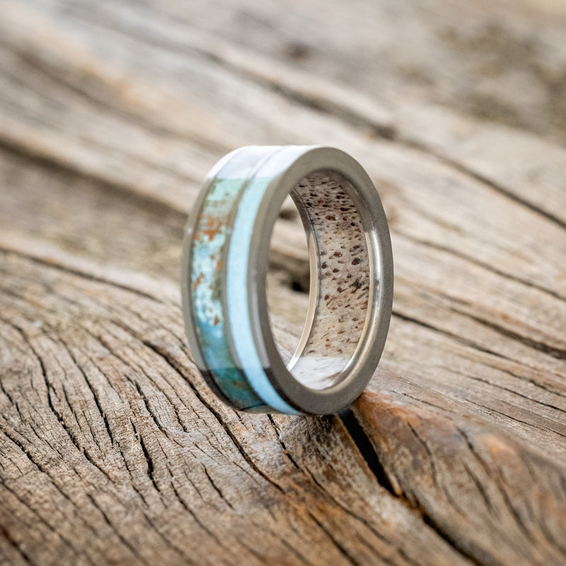 "RAPTOR" - PATINA COPPER & TURQUOISE WEDDING RING FEATURING AN ANTLER LINED BAND