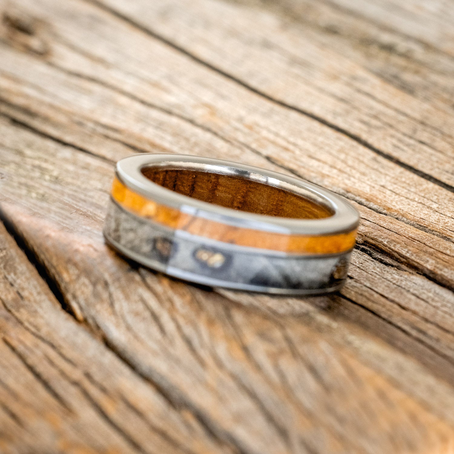 "RAPTOR" - WHISKEY BARREL LINED WEDDING RING WITH GOLD NUGGETS IN BUCKEYE BURL WOOD & A SPALTED MAPLE INLAY-11