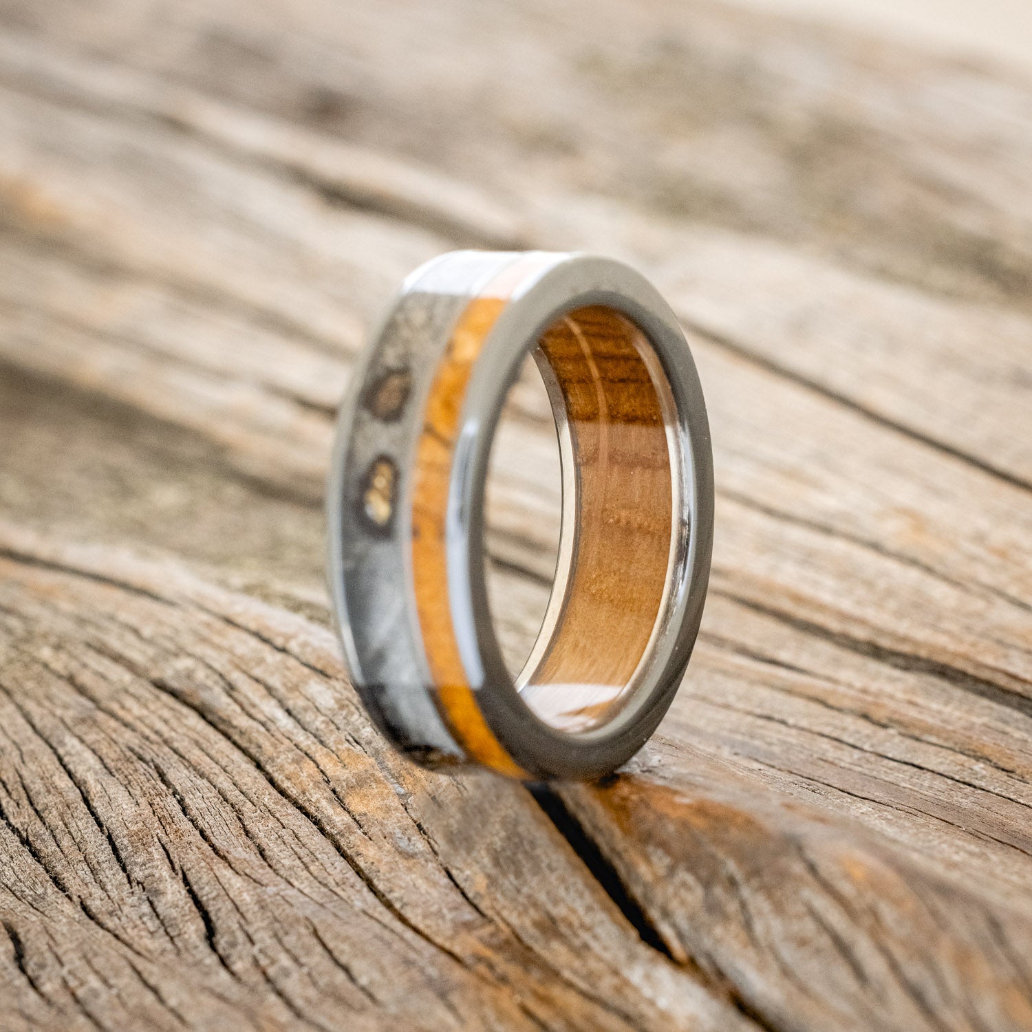 "RAPTOR" - WHISKEY BARREL LINED WEDDING RING WITH GOLD NUGGETS IN BUCKEYE BURL WOOD & A SPALTED MAPLE INLAY-10