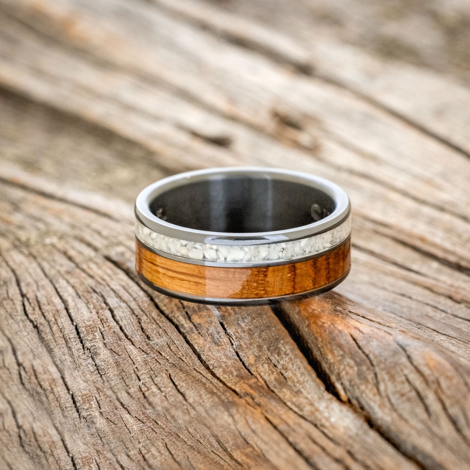 "RAPTOR" - WHISKEY BARREL OAK & ELK TOOTH IVORY WEDDING BAND-6