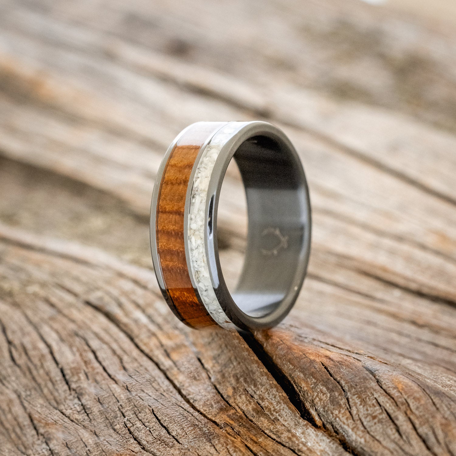 "RAPTOR" - WHISKEY BARREL OAK & ELK TOOTH IVORY WEDDING BAND-4