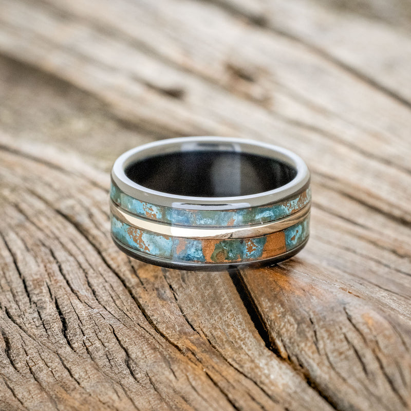 "RAPTOR" - PATINA COPPER & 14K GOLD INLAY WEDDING RING FEATURING A DAMASCUS STEEL BAND