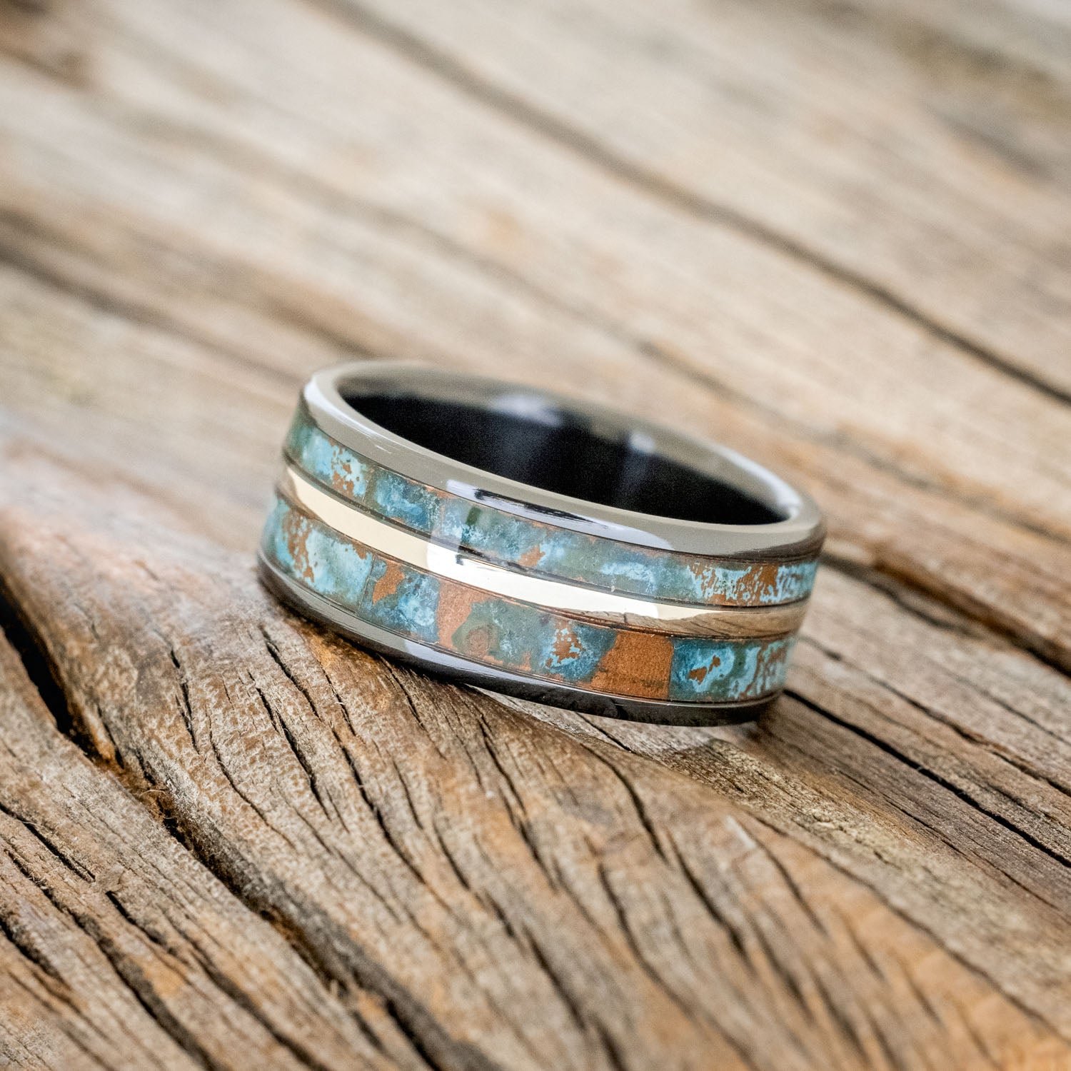 "RAPTOR" - PATINA COPPER & 14K GOLD INLAY WEDDING RING-5