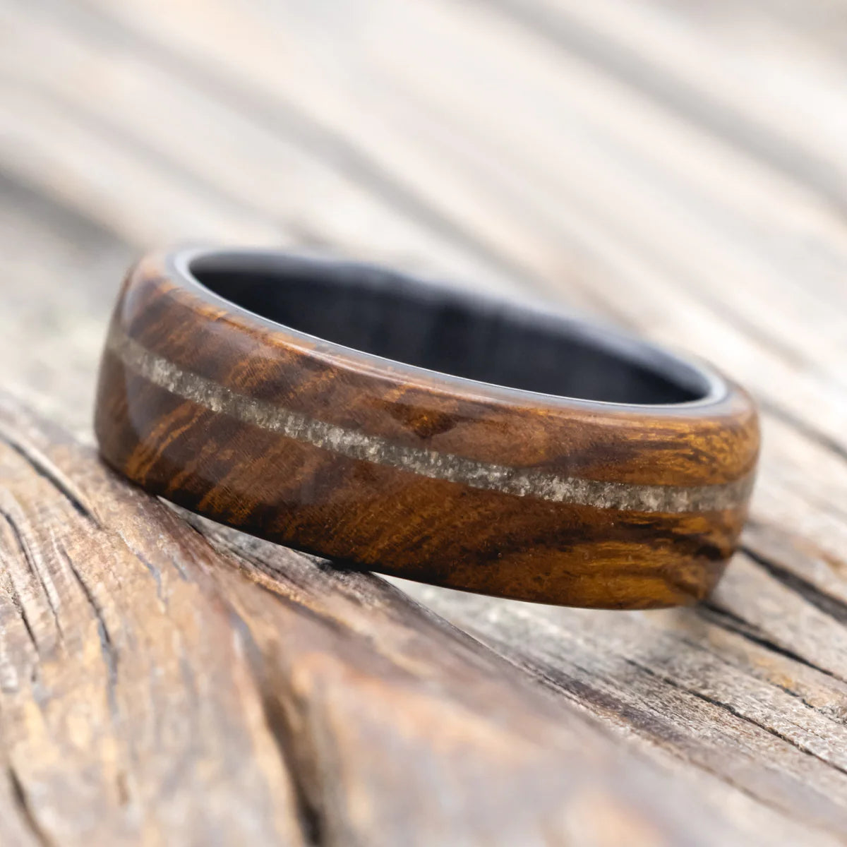 "Remmy" - Ironwood & Amber Wedding Ring - Black Zirconium - Size 10 1/2
