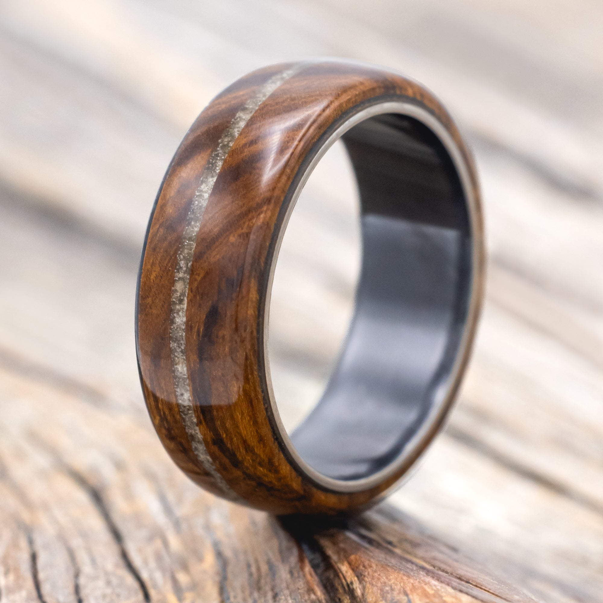 "REMMY" - IRONWOOD & AMBER WEDDING BAND-Staghead Designs