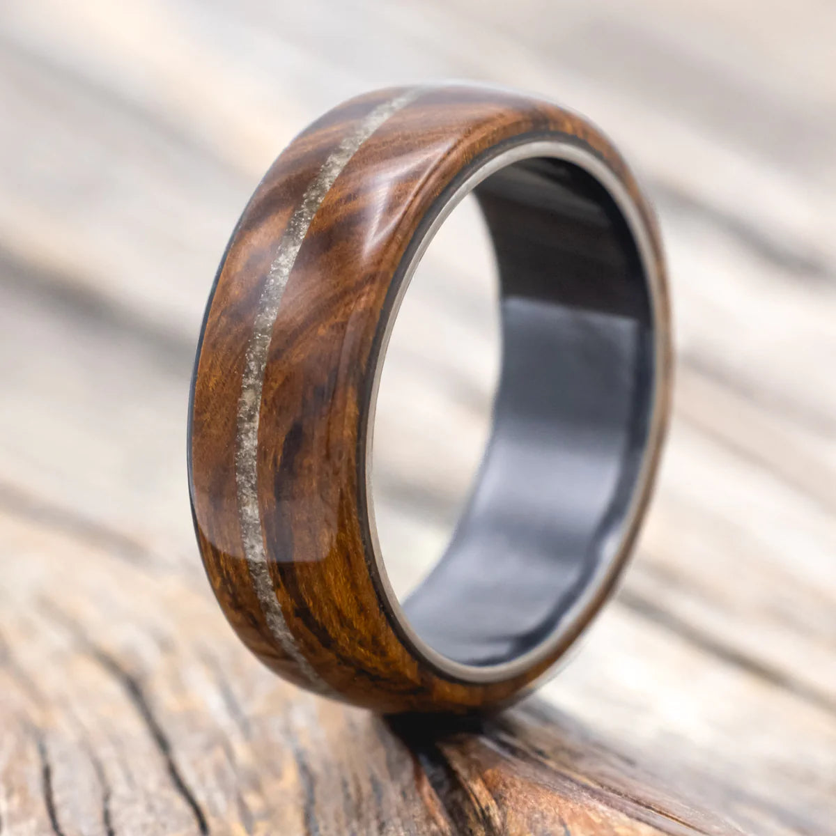 "Remmy" - Ironwood & Amber Wedding Ring - Black Zirconium - Size 10 1/2