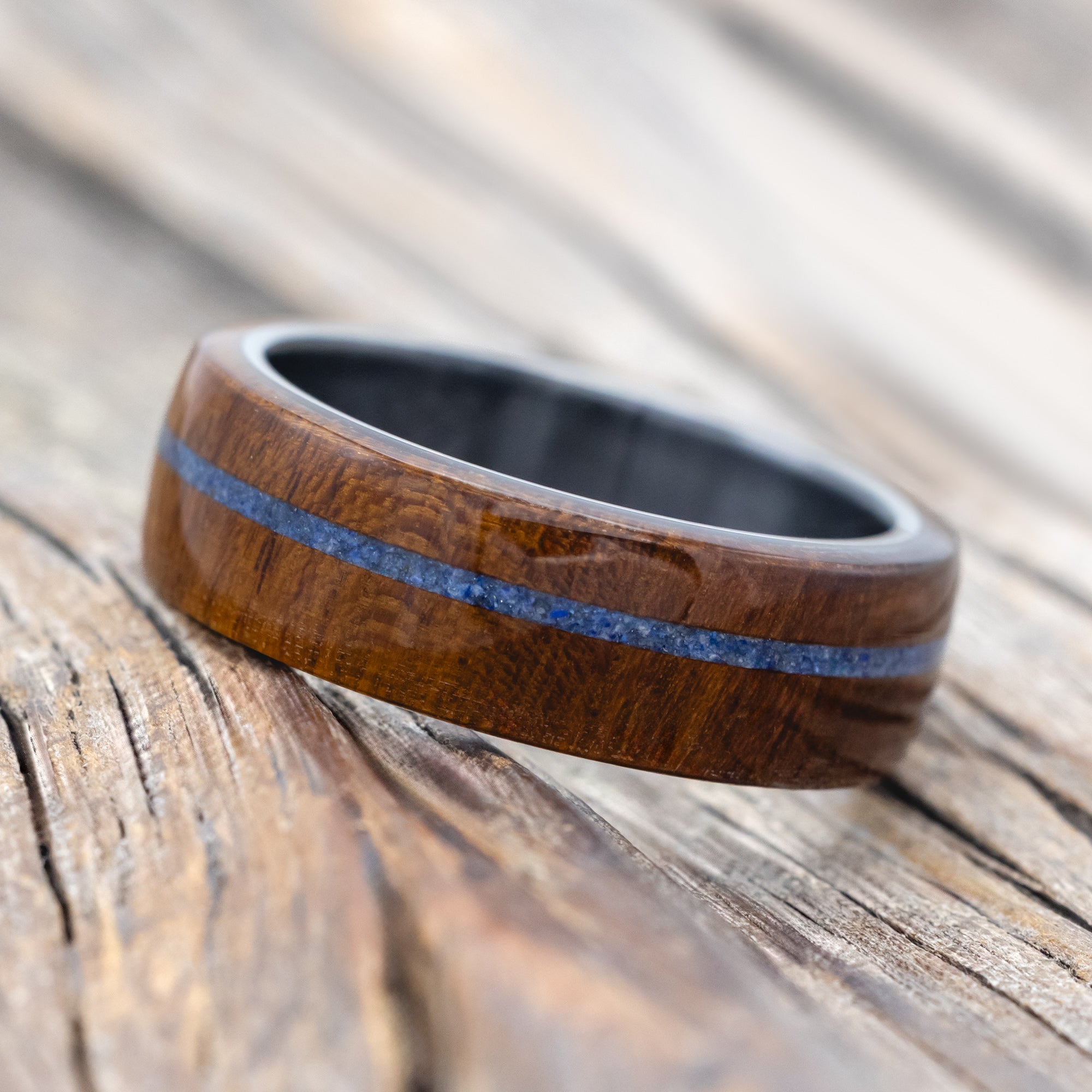 "REMMY" - IRONWOOD & LAPIS LAZULI INLAY WEDDING BAND-Staghead Designs