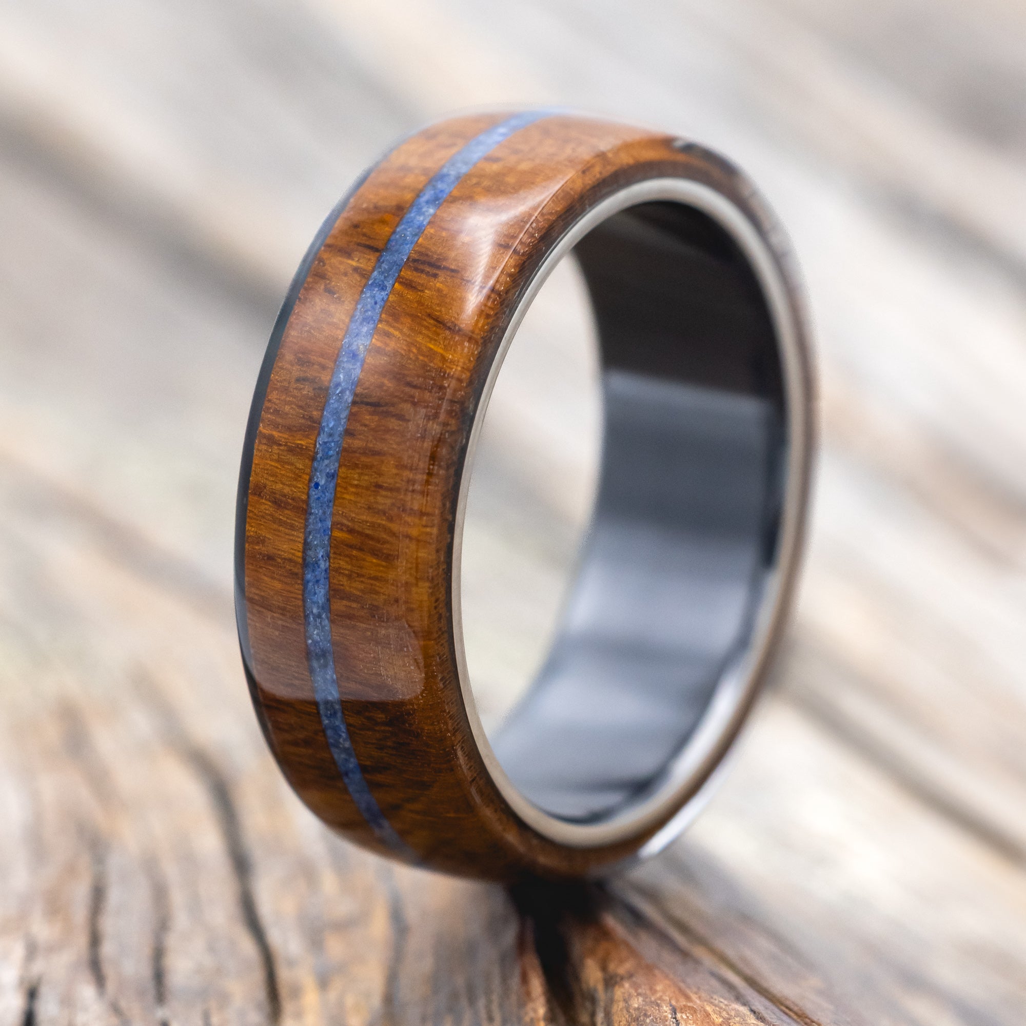 "REMMY" - IRONWOOD & LAPIS LAZULI INLAY WEDDING BAND-Staghead Designs