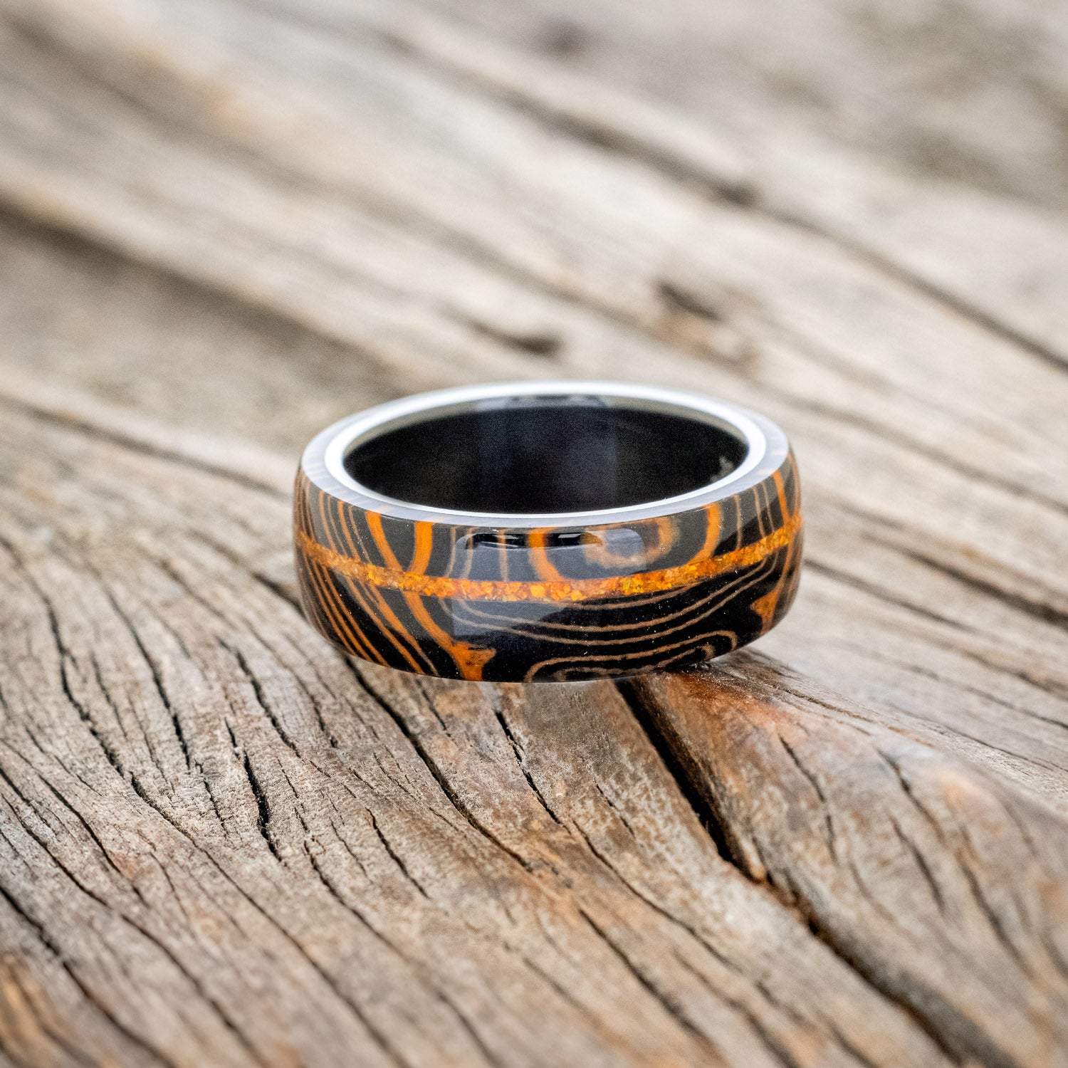 "REMMY" - ORANGE & BLACK WAVE WEDDING BAND WITH AN ORANGE OPAL INLAY-6