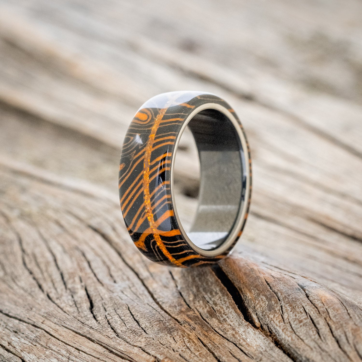 "REMMY" - ORANGE & BLACK WAVE WEDDING BAND WITH AN ORANGE OPAL INLAY-4