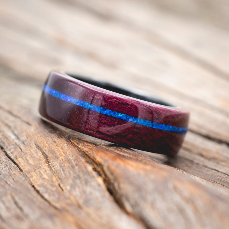 "REMMY" - PURPLE HEART WOOD WEDDING BAND WITH A BLUE OPAL INLAY