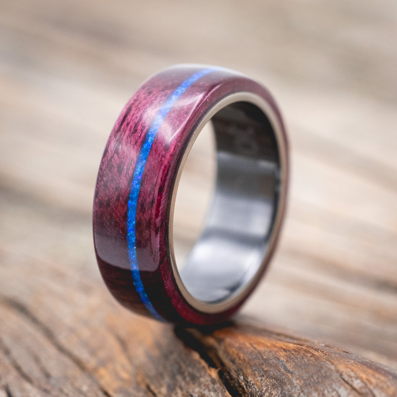 "REMMY" - PURPLE HEART WOOD WEDDING BAND WITH A BLUE OPAL INLAY-Staghead Designs
