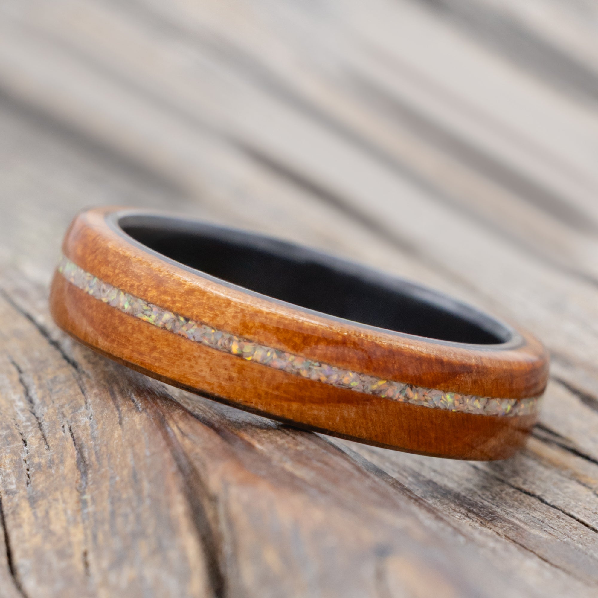"Remmy" - Redwood And Fire & Ice Opal Inlay Wedding Ring-Staghead Designs
