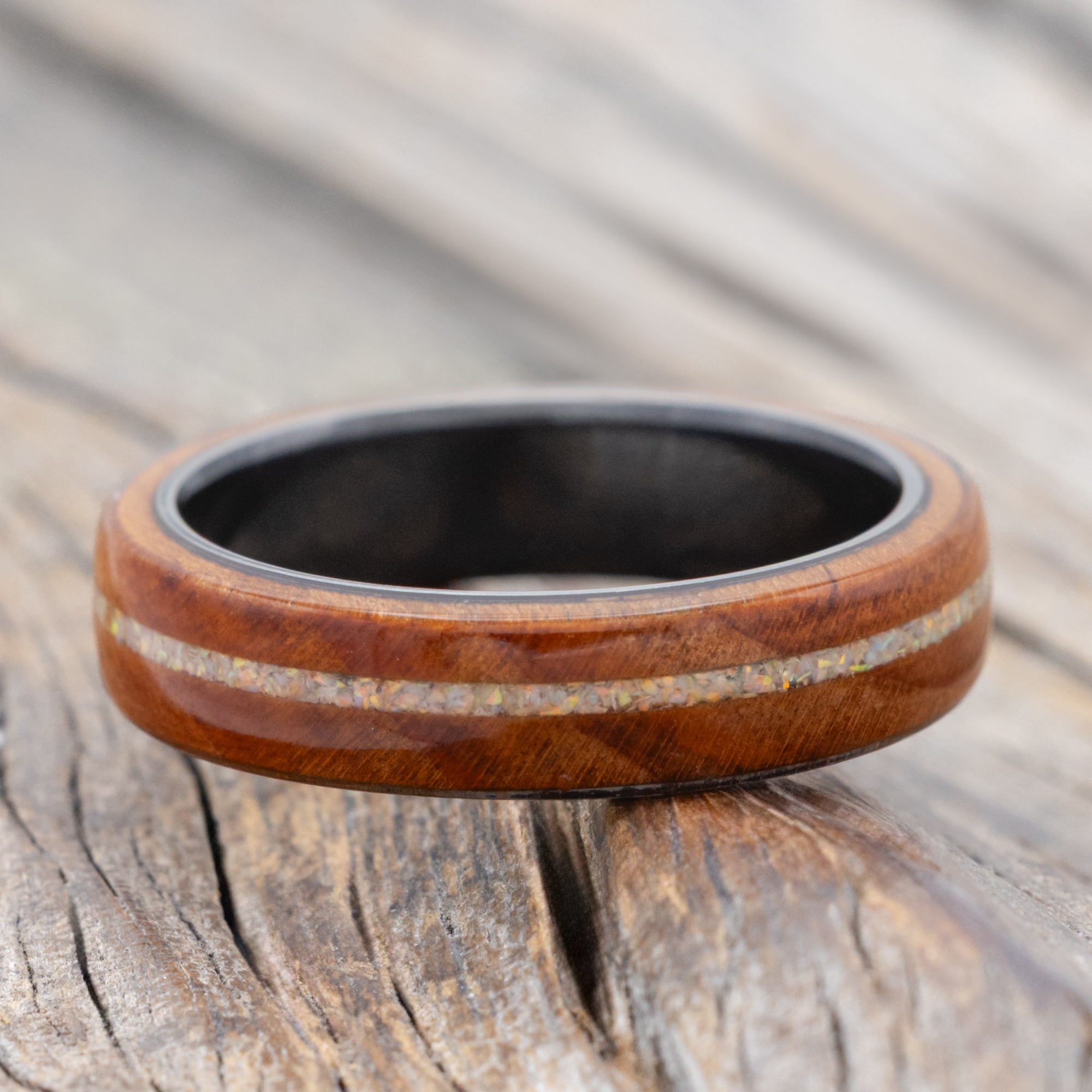 "Remmy" - Redwood And Fire & Ice Opal Inlay Wedding Ring-Staghead Designs