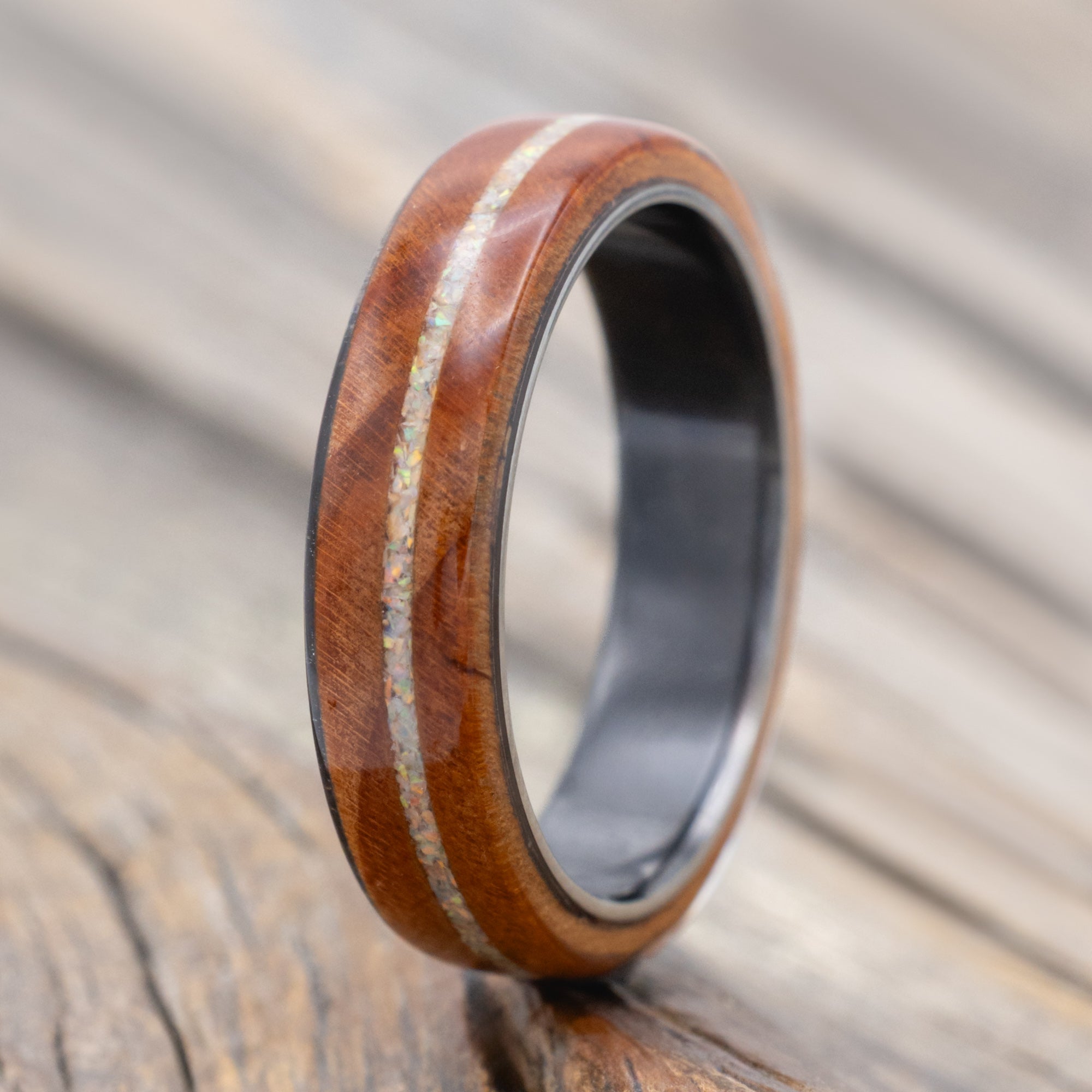 "Remmy" - Redwood And Fire & Ice Opal Inlay Wedding Ring-Staghead Designs