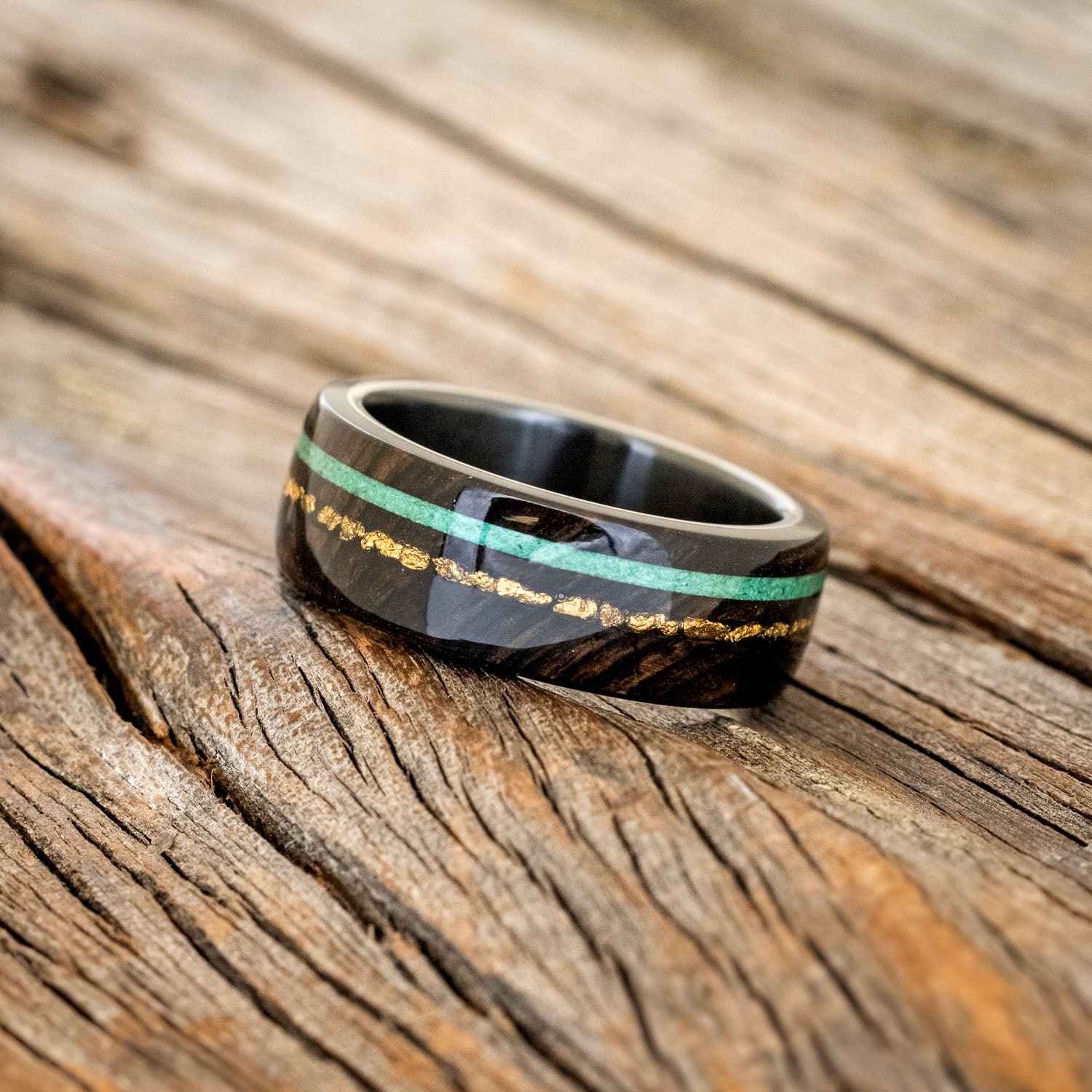 "REMMY" - AFRICAN BLACK WOOD, GOLD NUGGETS & MALACHITE WEDDING RING-6
