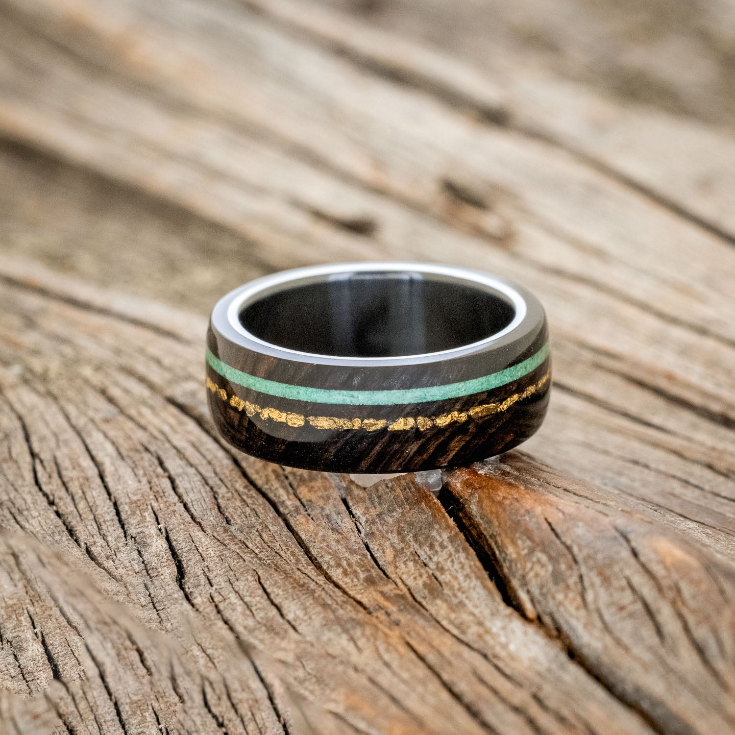 "REMMY" - AFRICAN BLACK WOOD, GOLD NUGGETS & MALACHITE WEDDING RING-7