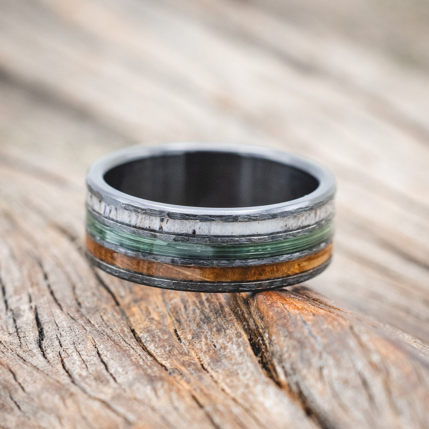 "RIO" - ANTLER, WHISKEY BARREL OAK & GREEN MONO FISHING LINE WEDDING BAND WITH A HAMMERED FINISH-Staghead Designs