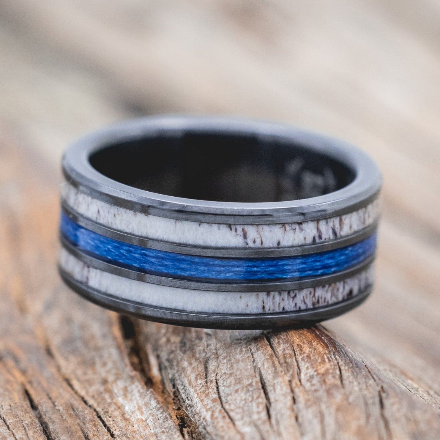 "RIO" - ANTLER & BLUE FISHING LINE WEDDING BAND-Staghead Designs