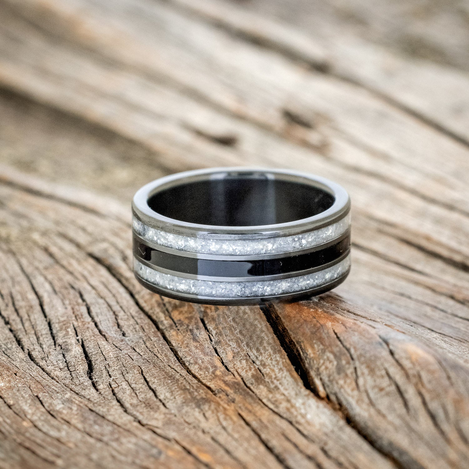 "RIO" - DIAMOND DUST & CHARRED WHISKEY BARREL WEDDING RING-6
