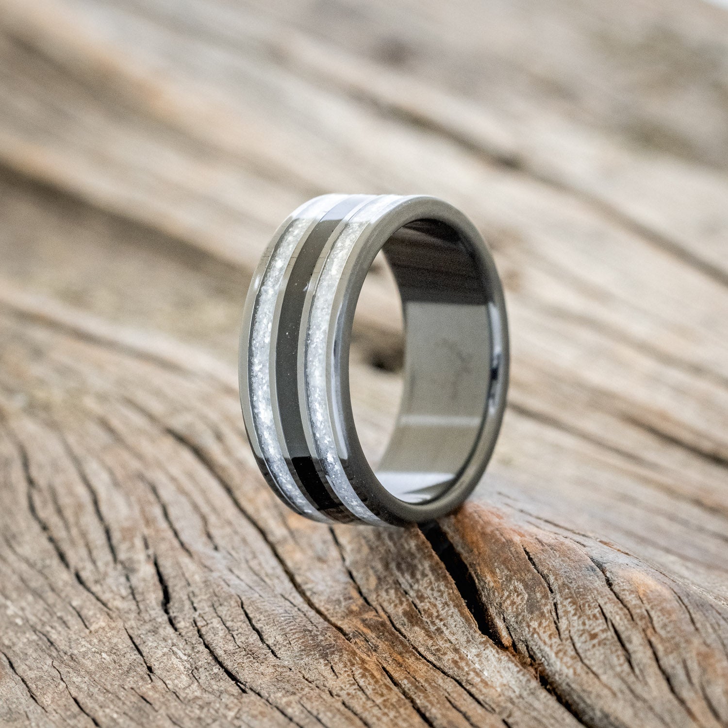 "RIO" - DIAMOND DUST & CHARRED WHISKEY BARREL WEDDING RING-4