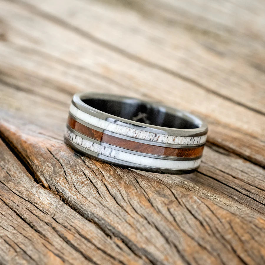 "RIO" - IRONWOOD & ANTLER WEDDING RING - BLACK ZIRCONIUM - SIZE 8-Staghead Designs