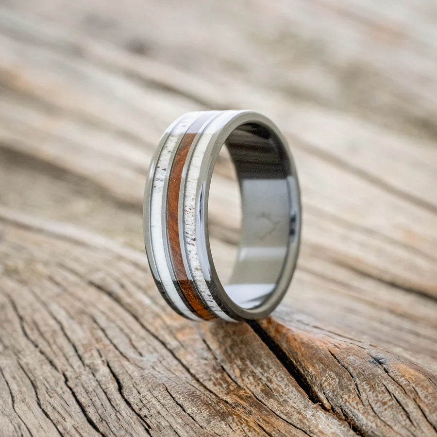 "RIO" - IRONWOOD & ANTLER WEDDING RING - BLACK ZIRCONIUM - SIZE 8-Staghead Designs