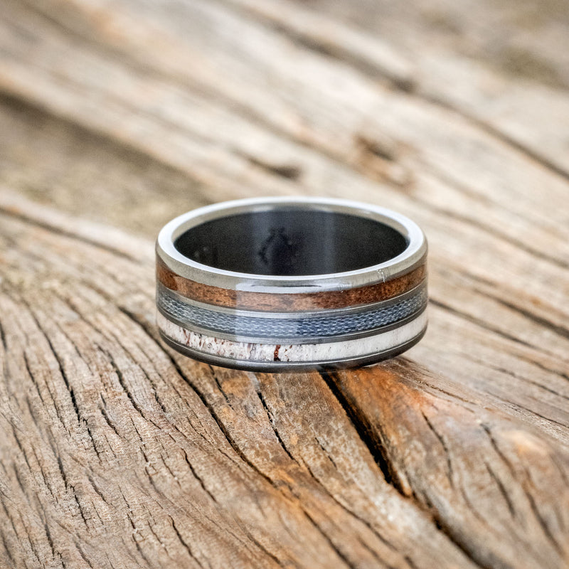 "RIO" - ANTLER, BLACK WALNUT & GREY FISHING LINE WEDDING BAND-3