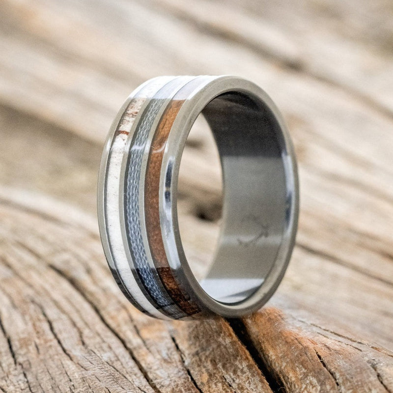 "RIO" - ANTLER, BLACK WALNUT & GREY FISHING LINE WEDDING BAND-1