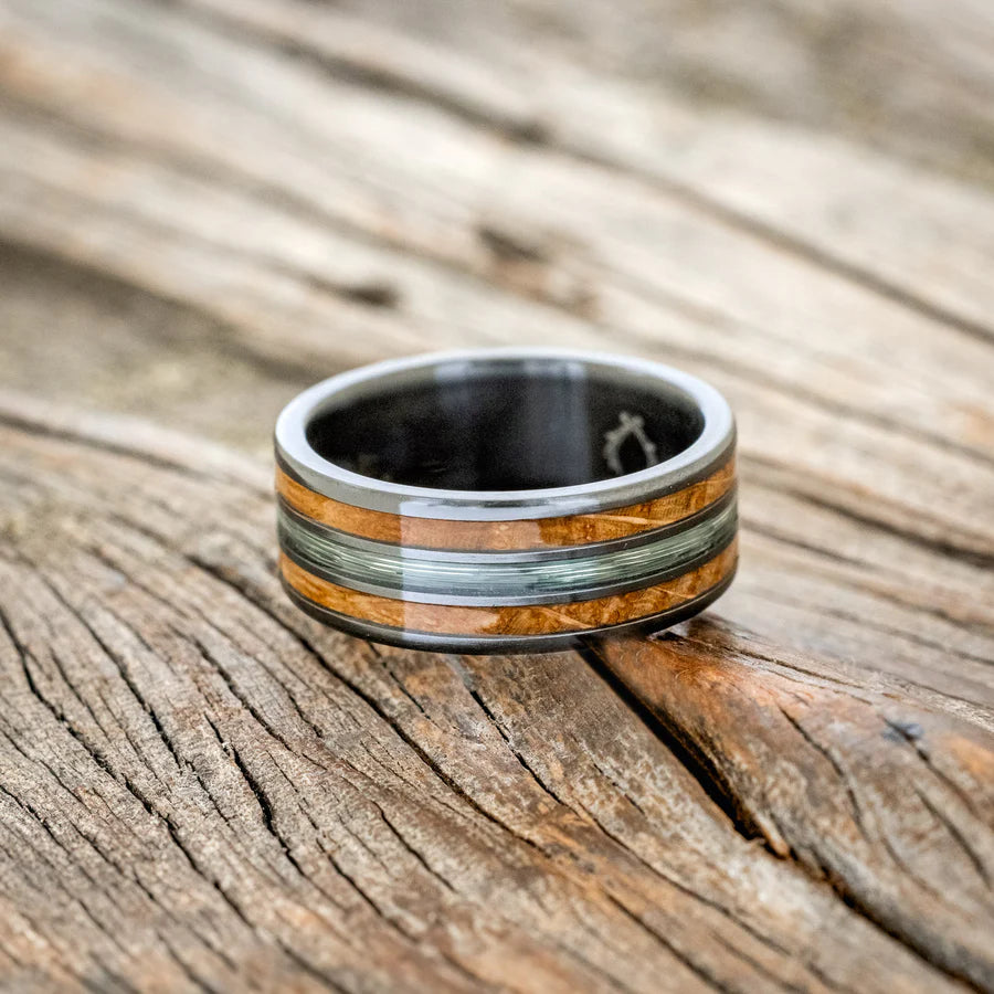 "RIO" - GREEN MONO FISHING LINE AND WHISKEY BARREL OAK WEDDING BAND - BLACK ZIRCONIUM - SIZE 11 1/4-Staghead Designs