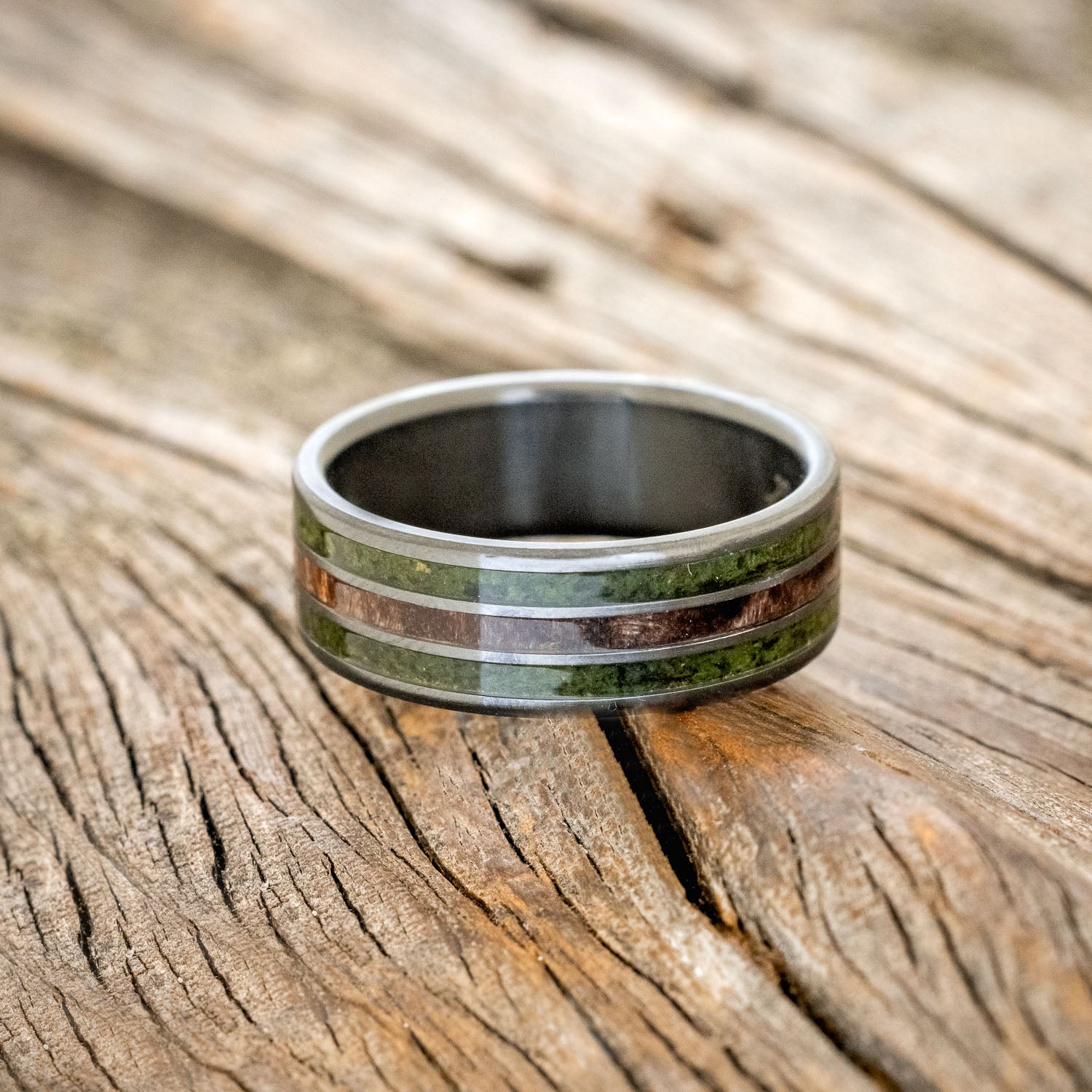 "RIO" - DARK MAPLE WOOD & MOSS WEDDING BAND-6