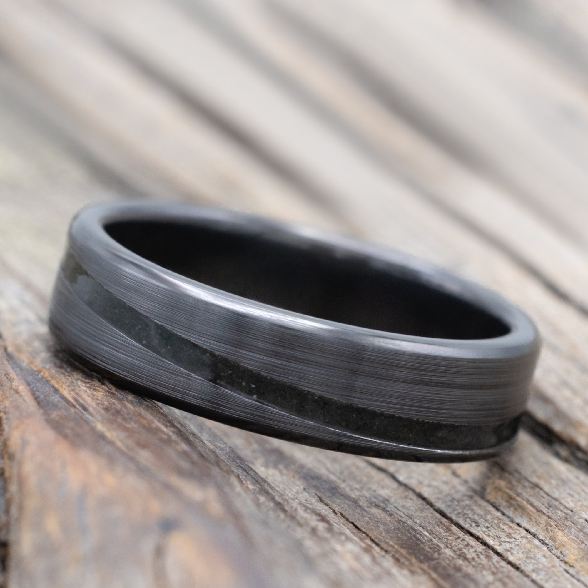 "Ronan" - Wedding Band With An Angled Moldavite & Moss Agate Inlay And A Brushed Finish