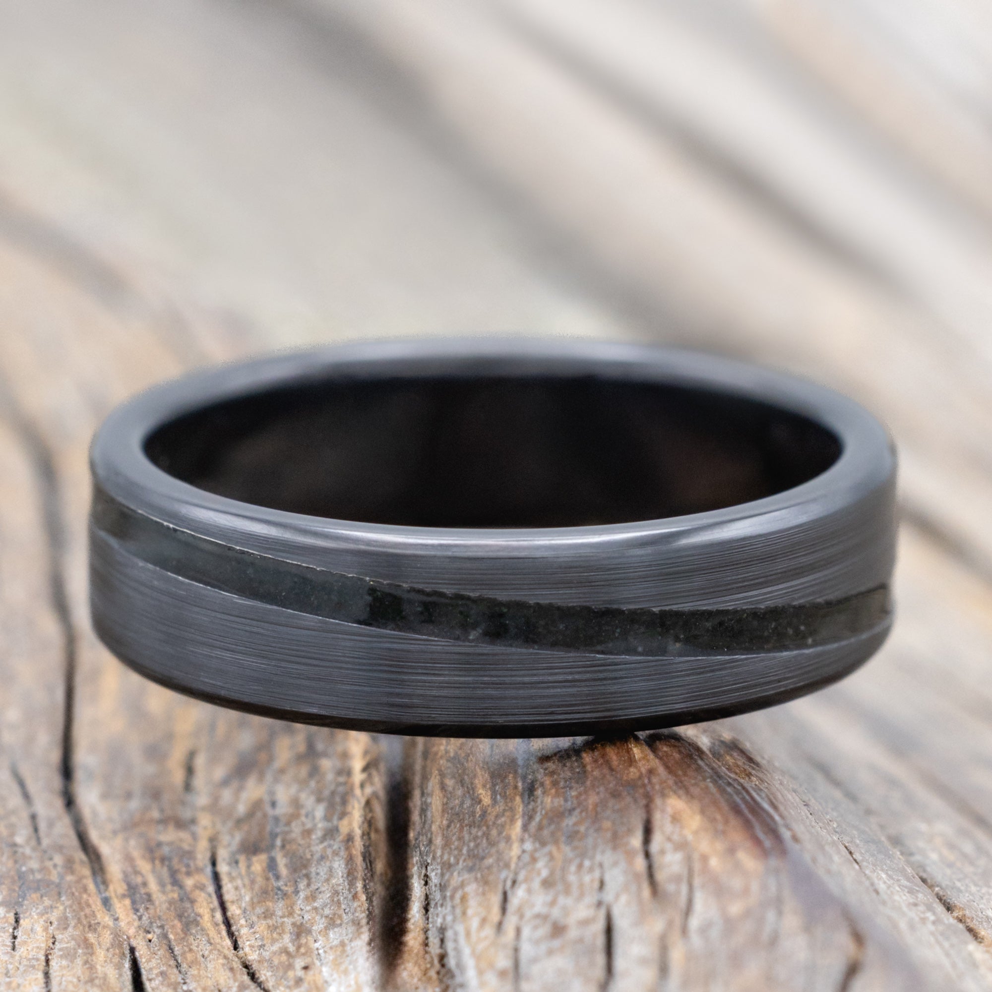 "Ronan" - Wedding Band With An Angled Moldavite & Moss Agate Inlay And A Brushed Finish