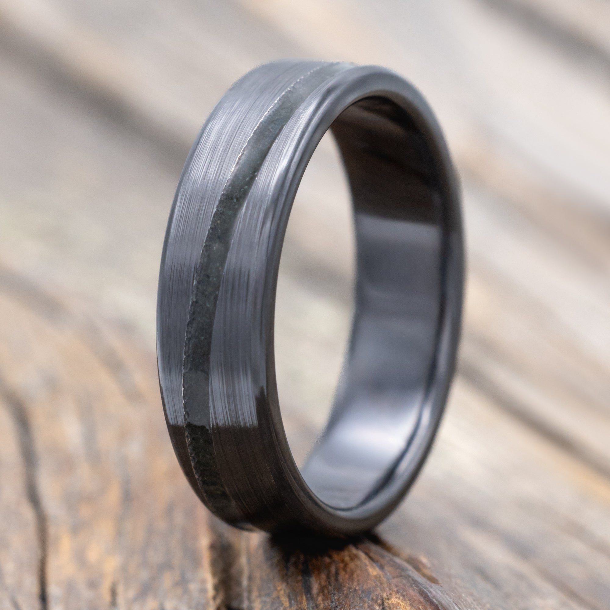"Ronan" - Wedding Band With An Angled Moldavite & Moss Agate Inlay And A Brushed Finish