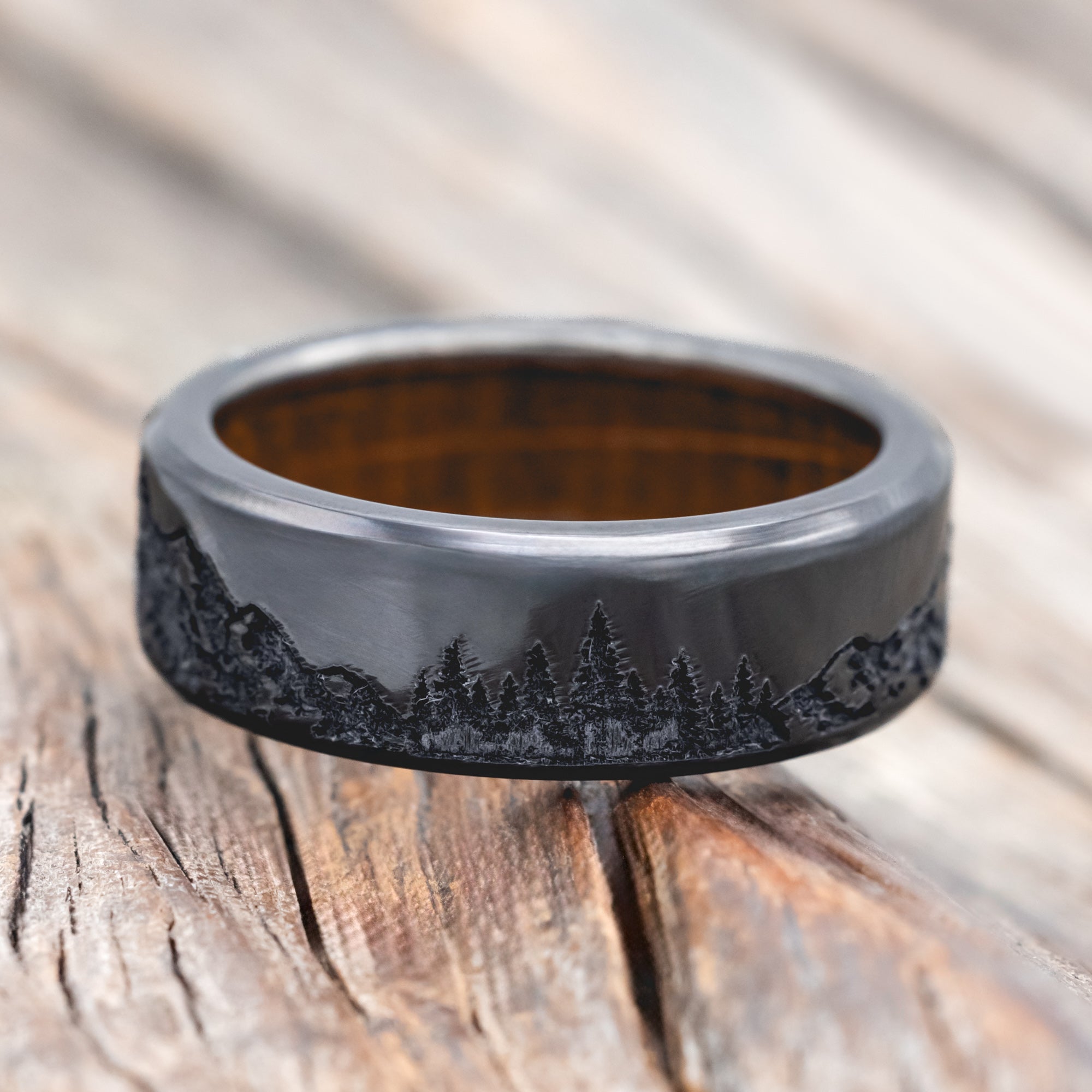 "ROSS" - MOUNTAIN & FOREST ENGRAVED WEDDING BAND WITH CUSTOM LINING-Staghead Designs