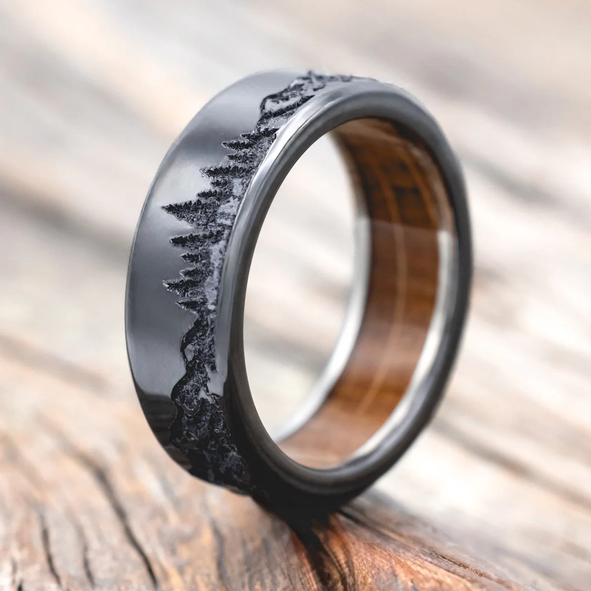 "Ross" - Mountain & Forest Engraved Wedding Band With Whiskey Barrel Oak Lining - Black Zirconium (8mm) - Size 11 1/2