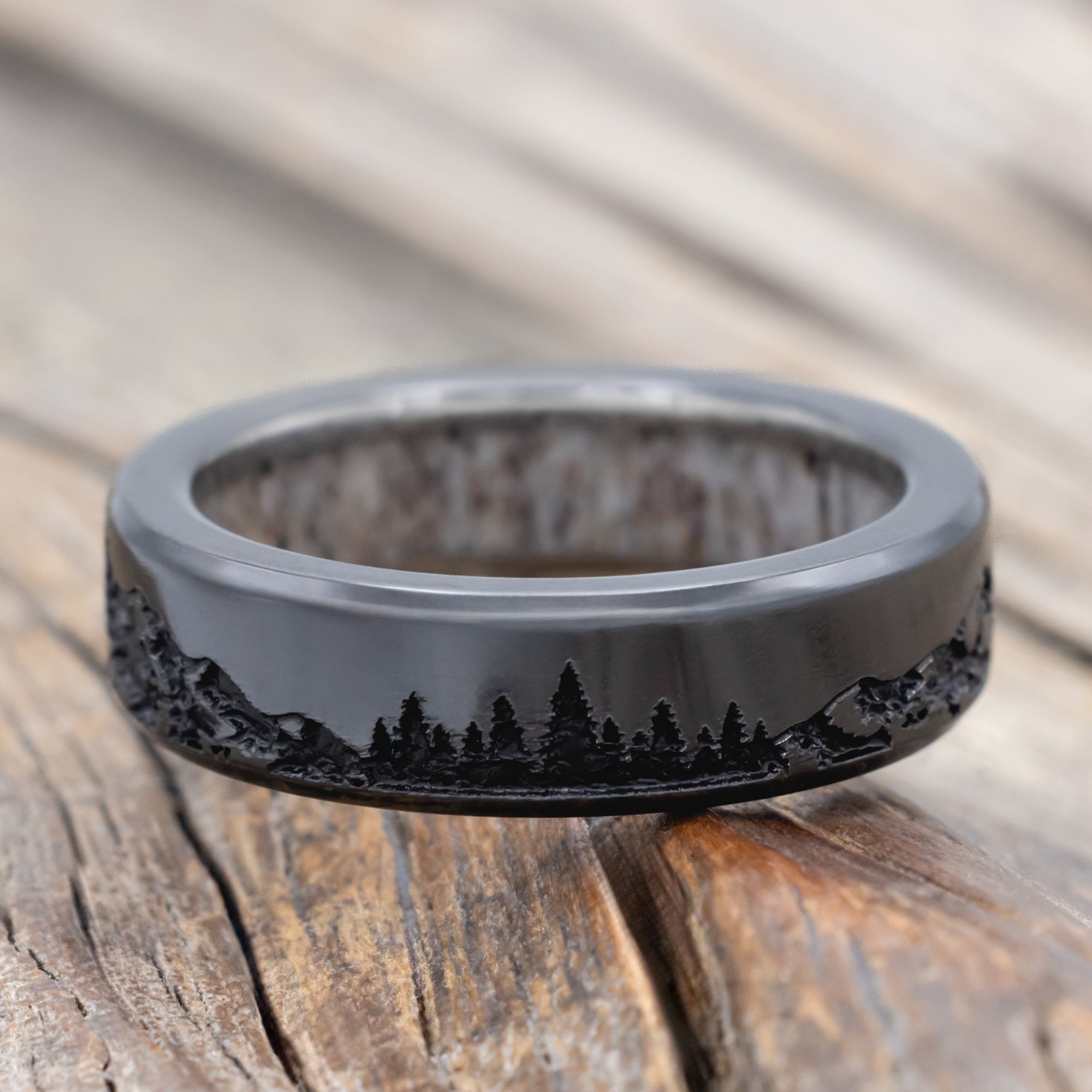"Ross" - Mountain & Forest Engraved Wedding Band With Custom Lining-Staghead Designs