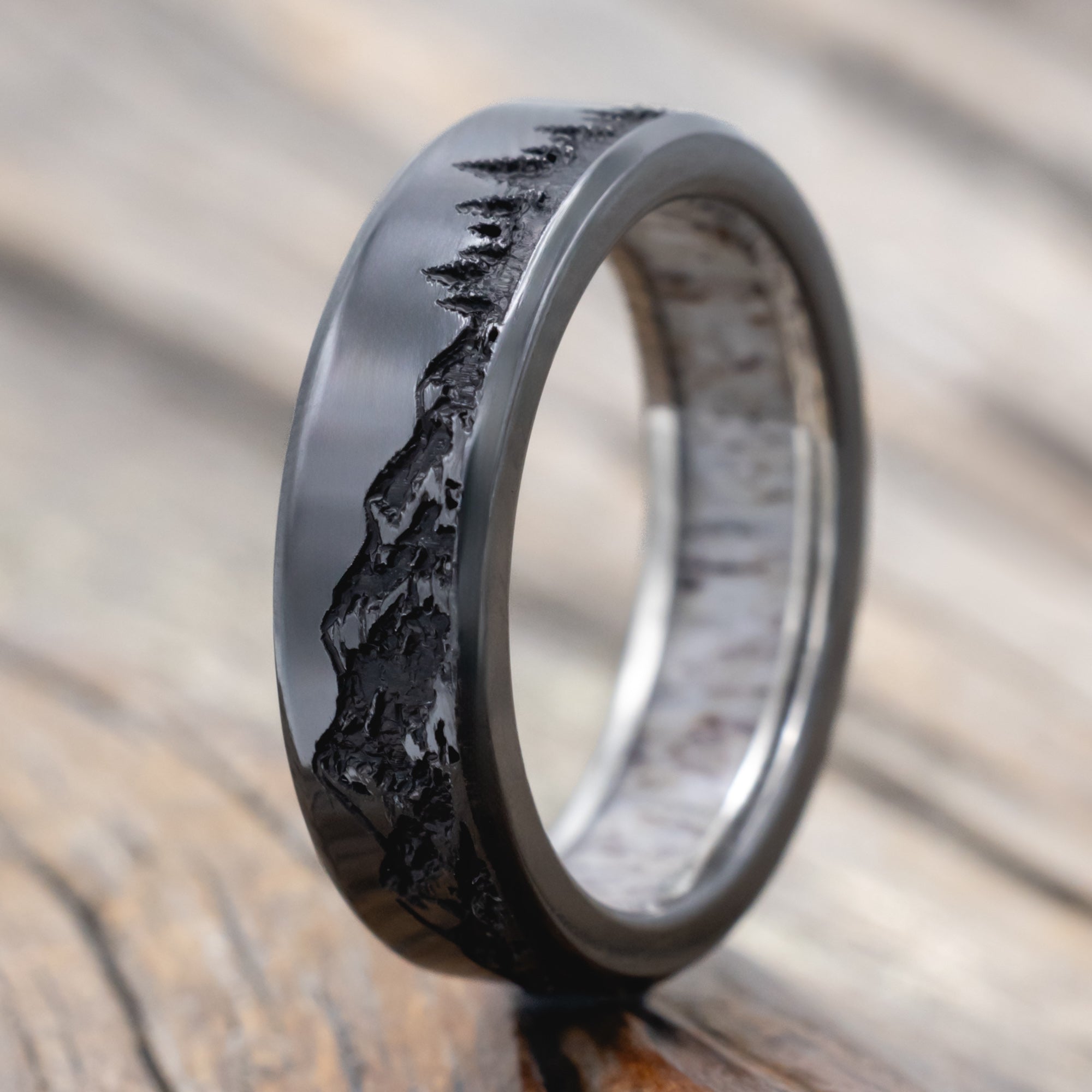 "Ross" - Mountain & Forest Engraved Wedding Band With Custom Lining-Staghead Designs