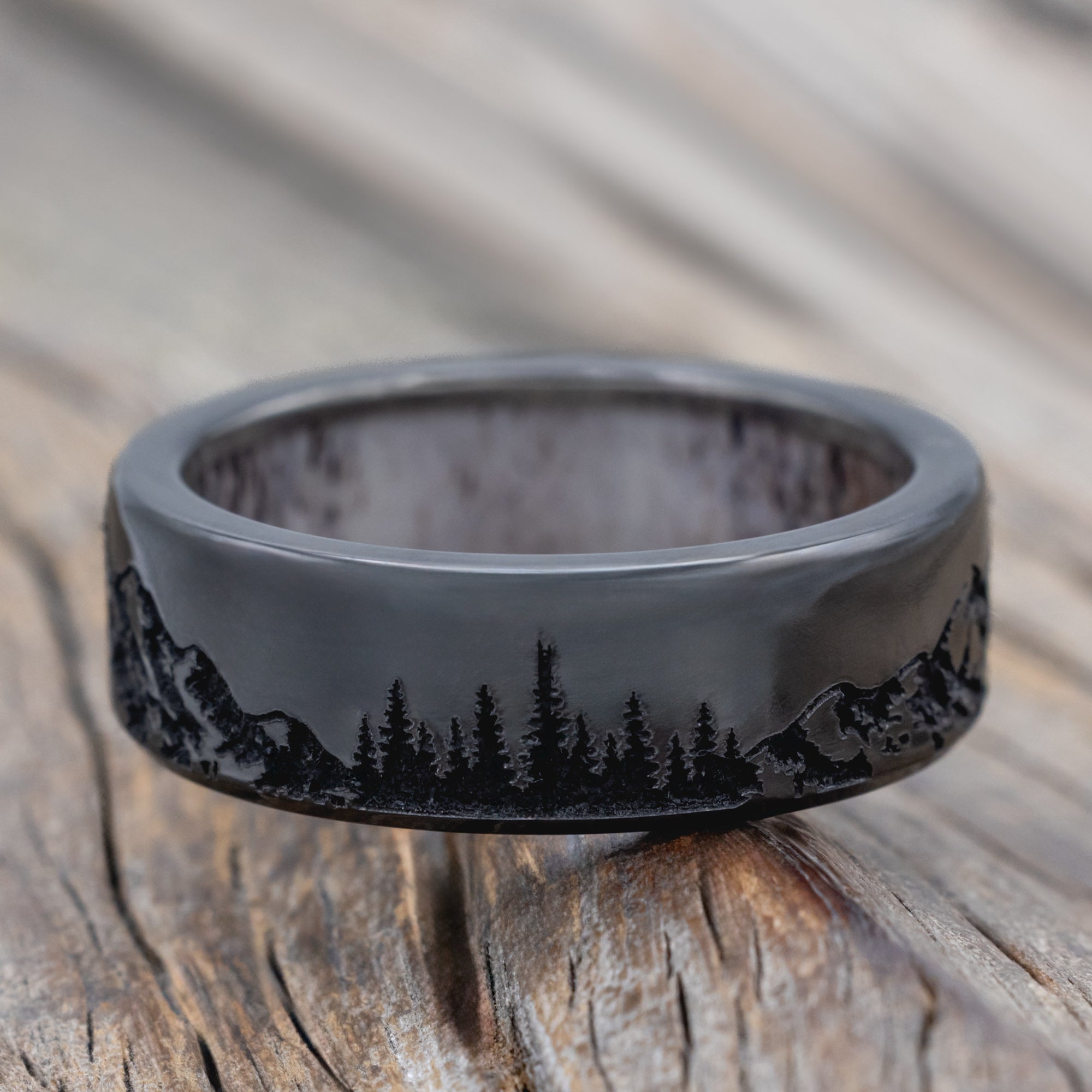 "Ross" - Mountain & Forest Engraved Wedding Band With Custom Lining-Staghead Designs