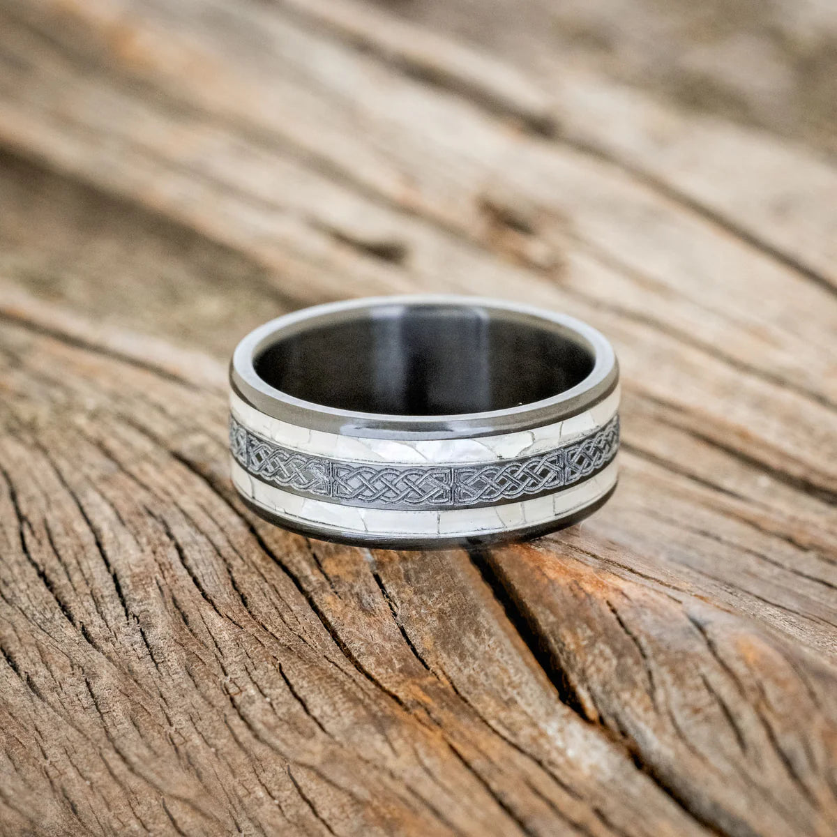 "RYDER" - CELTIC SAILOR'S KNOT ENGRAVED & MOTHER OF PEARL WEDDING RING - BLACK ZIRCONIUM - SIZE 10 1/2-Staghead Designs
