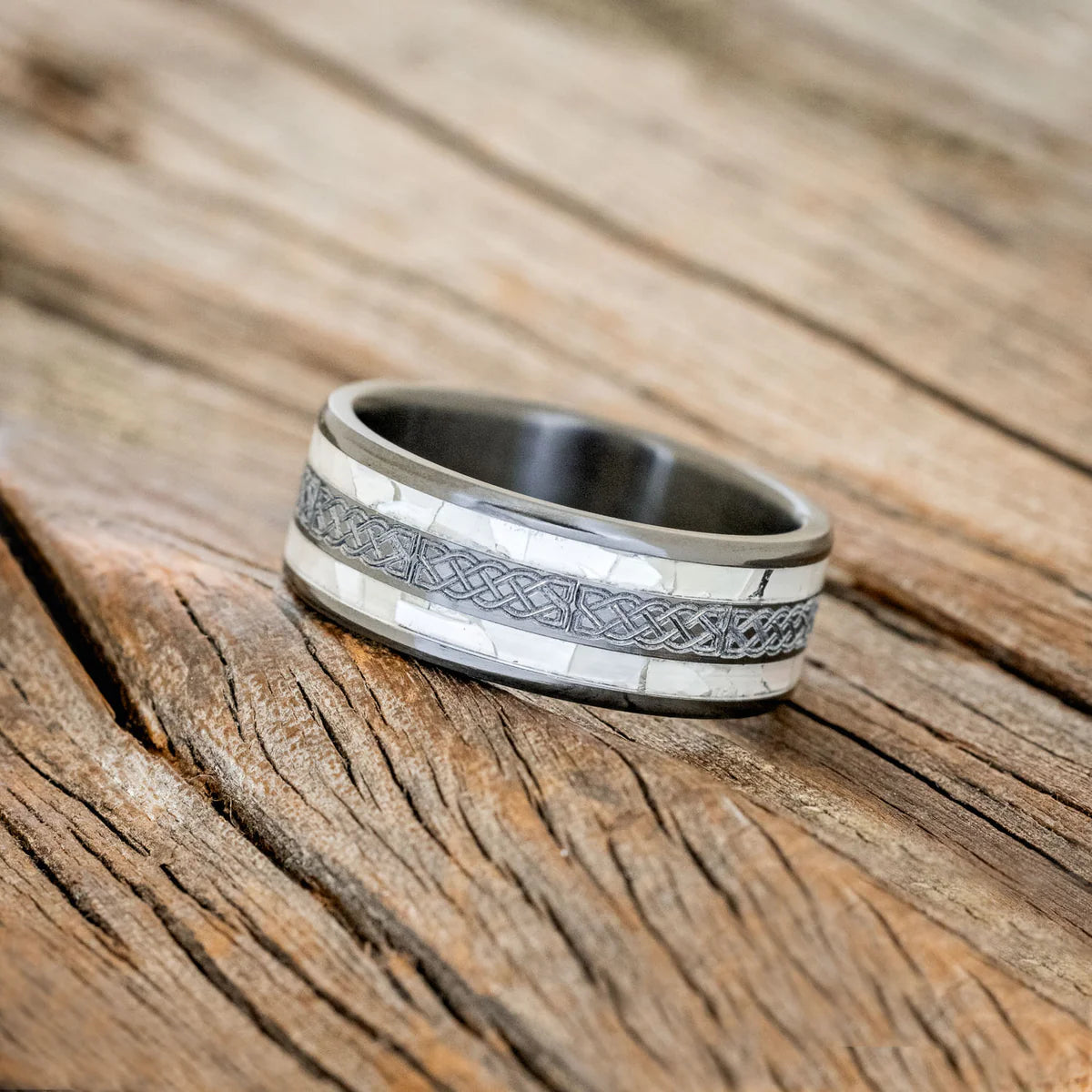"RYDER" - CELTIC SAILOR'S KNOT ENGRAVED & MOTHER OF PEARL WEDDING RING - BLACK ZIRCONIUM - SIZE 10 1/2-Staghead Designs