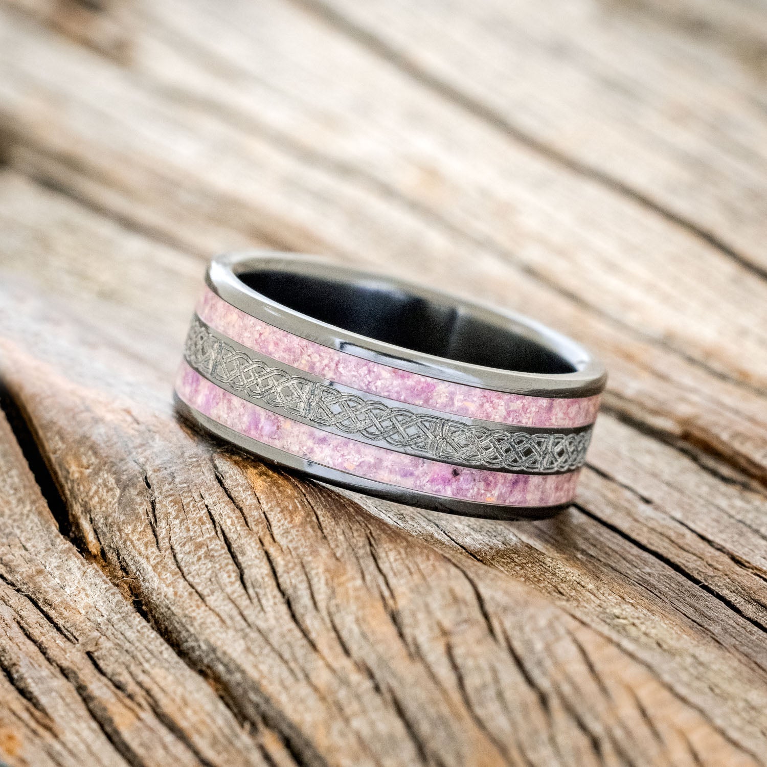 "RYDER" - CELTIC SAILOR'S KNOT ENGRAVED WEDDING RING WITH SUGILITE INLAYS-2