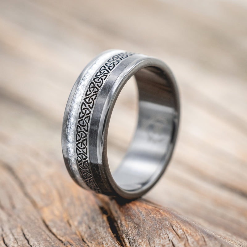 "RYDER" - CELTIC TRIQUETRA KNOT ENGRAVED, DIAMOND DUST & JET STONE WEDDING RING-Staghead Designs